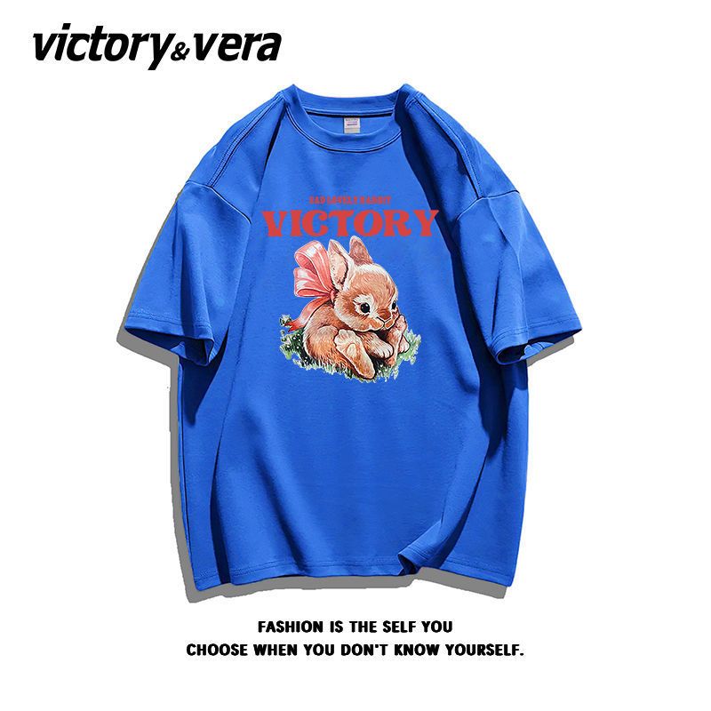 VICTORYVERA100%纯棉卡通盐系半袖女夏季宽松慵懒风短袖百搭t恤女
