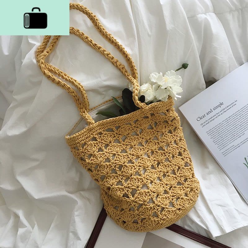 韩风chic气质镂空勾花毛线包森系编织水桶包单肩包手提包腋下包女NEW LAKE女士单肩包图片