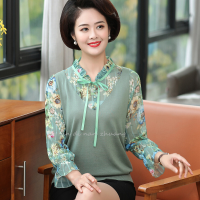 迪鲁奥（DILUAO)授权店铺2019新款中老年女秋装长袖上衣40岁-50大码妈妈薄款雪纺_958_997 XL 绿色