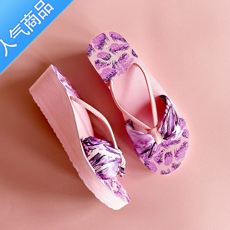 suntek外穿厚底坡跟凉拖鞋女绸缎民族风蝴蝶结时尚防滑高跟一字松糕