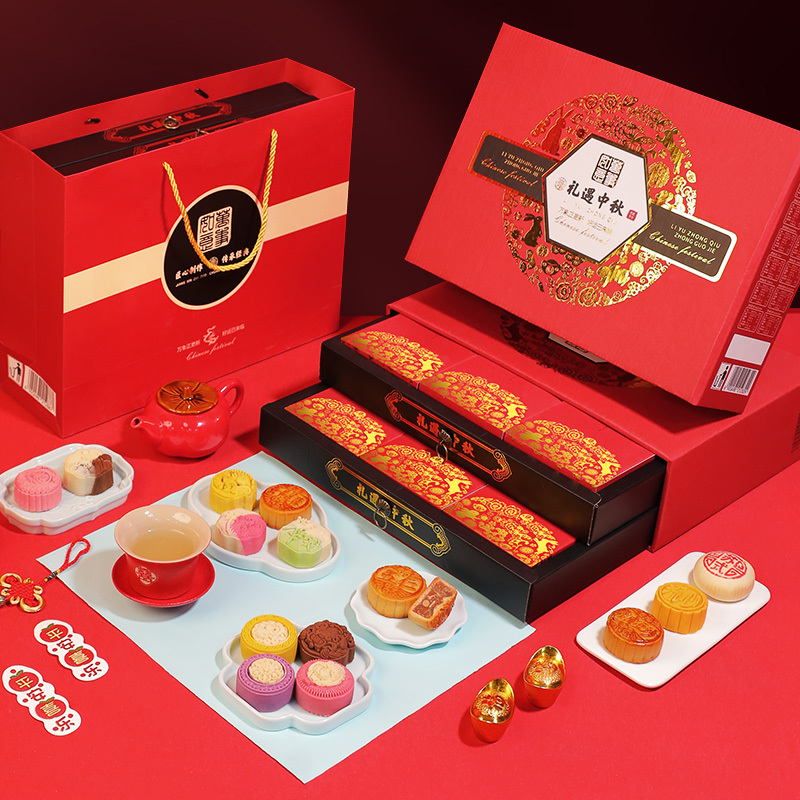 享食者中国风双层抽屉中秋月饼900g 18饼14味 红色 中秋企业团购福利送亲朋好友佳品高清大图