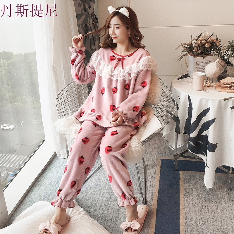 珊瑚绒睡衣女冬季韩版清新学生公主风加绒加厚家居服套装两件套秋