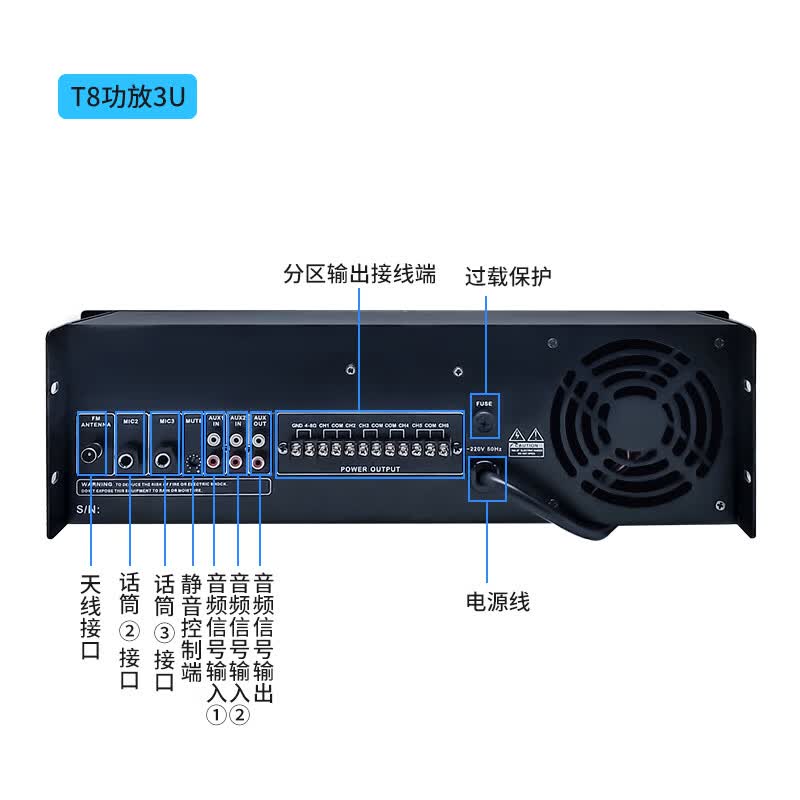 唯舒T8-130 会议音频视频校园广播系统定压大功率功放机6分区功率放大器MP3收音功放带遥控130W高清大图