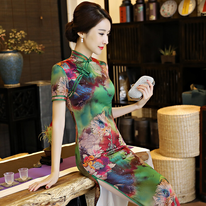 复古改良真丝旗袍长款春妈妈装端庄大气优雅修身演出旗袍大码显瘦
