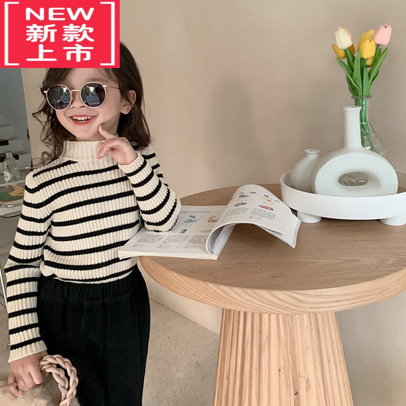 可莉允儿童撞色条纹半高领高弹针织上衣秋冬男童女童中领打底毛衣