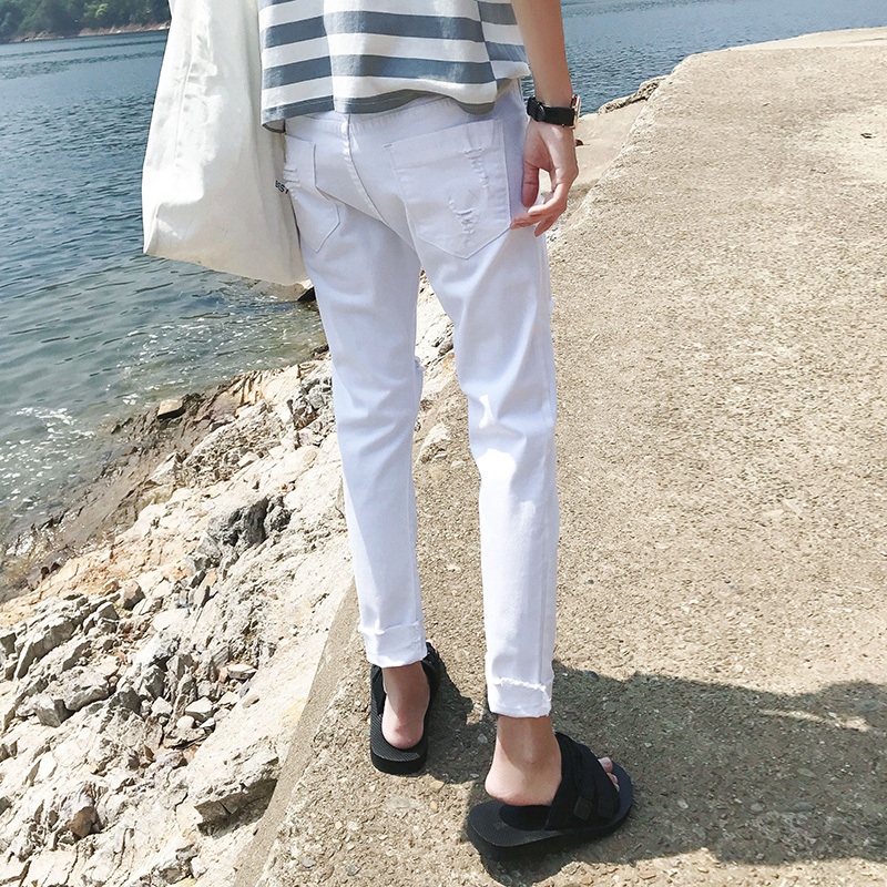2018春夏新品韩版男款修身显瘦破洞工装裤学生九分小脚牛仔裤大码
