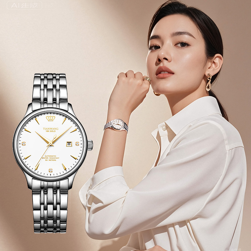 天王手表金标送福18K金皇冠logo女表商务休闲机械表钢带腕表5876高清大图