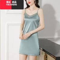 YIBUSHENG蕾丝性感v领吊带连衣裙女士季新款醋酸缎面气质内搭打底背领G XL建议110-120斤 327豆绿