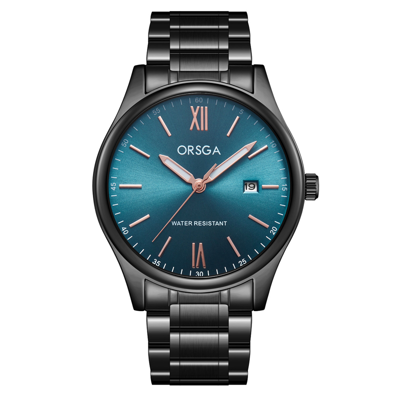 ORSGA手表男简约男士手表防水日历时尚休闲商务学生男表石英表腕表1131G 黑钢带蓝面