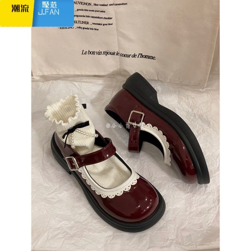 聚范2024新款玛丽珍鞋女复古英伦风百搭平底单鞋学院风花边软妹小皮鞋图片