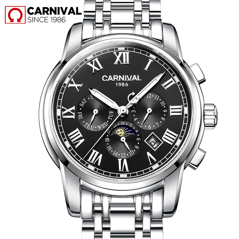 嘉年华Carnival手表男士全自动机械表 男表金属精钢休闲时尚日历日月星辰星期月份显示夜光防水时尚潮流腕表8723G高清大图
