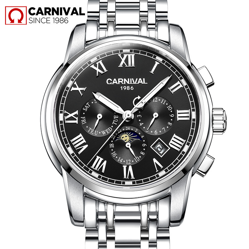 嘉年华carnival手表男士全自动机械表男表金属精钢休闲时尚日历日月