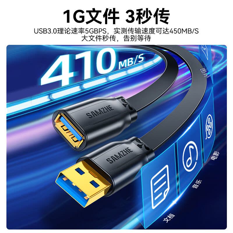 山泽USB延长线usb3.0高速传输数据连接线 公对母 AM/AF U盘鼠标键盘加长线 扁平黑色0.5米AP-306图片