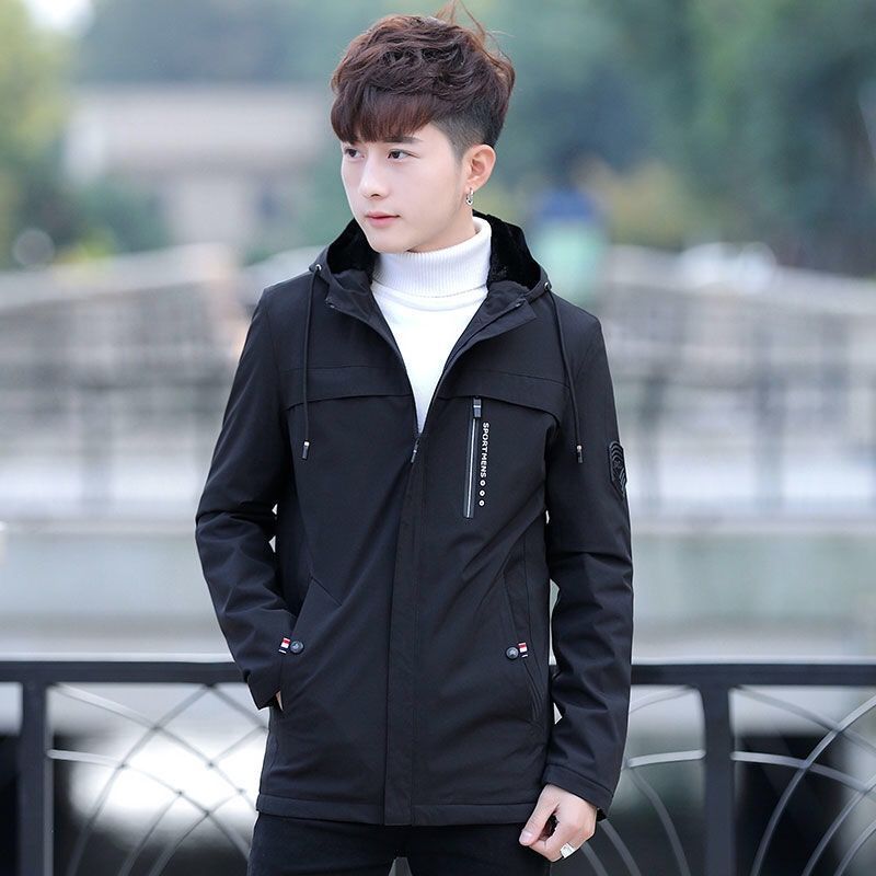 suntek外套男夹克加绒连帽春秋装休闲青年男士风衣中长款韩版衣服男装