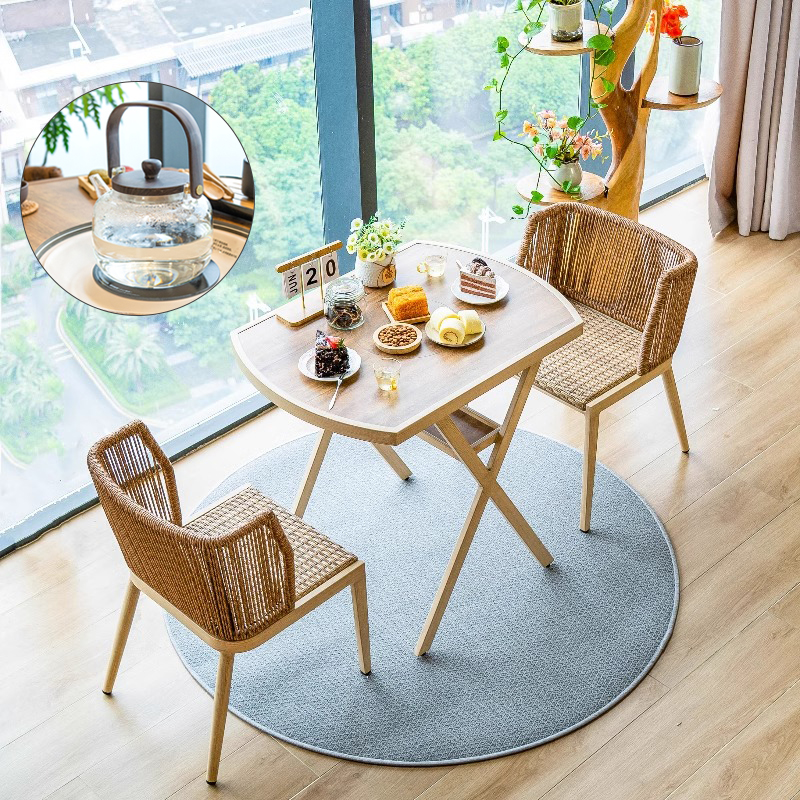 紫叶 梦雨 茶桌阳台电陶炉小茶桌多功能茶几藤编围炉煮茶桌椅组合 电陶炉款-原木色+玻璃茶壶