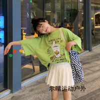牛油果绿色t恤女半袖超火cec短袖2019新品潮宽松上衣服中长款夏装
