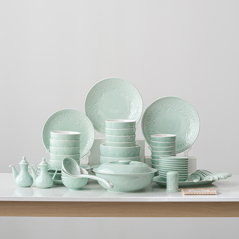 苏氏陶瓷(SUSHI CERAMICS)青瓷餐具套装浅绿釉五谷丰登陶瓷碗盘56头中餐具礼盒