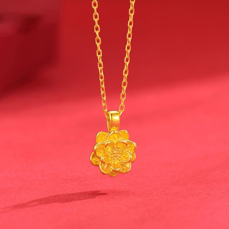 gzuan古钻珠宝好运莲莲黄金3d硬金莲花女士吊坠项链yjd0045