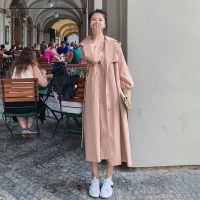 风衣女2021新款中长款小个子秋装英伦风韩版宽松过膝流行温柔外套 粉色 S 建议90-110斤以内