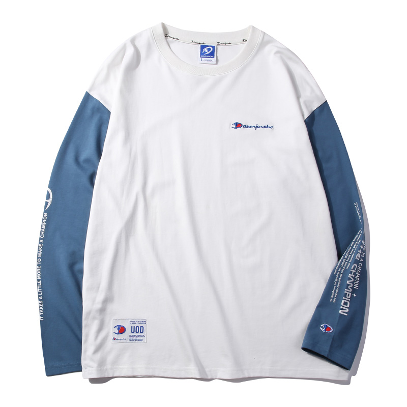 冠军车春秋季休闲韩版长袖t恤男拼接袖子潮衣服圆领青少年情侣卫衣