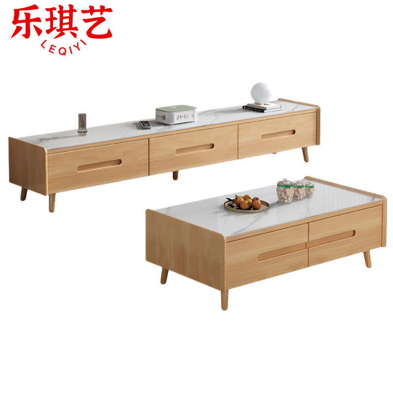 乐琪艺 电视柜+茶几 原木色+白 套高清大图