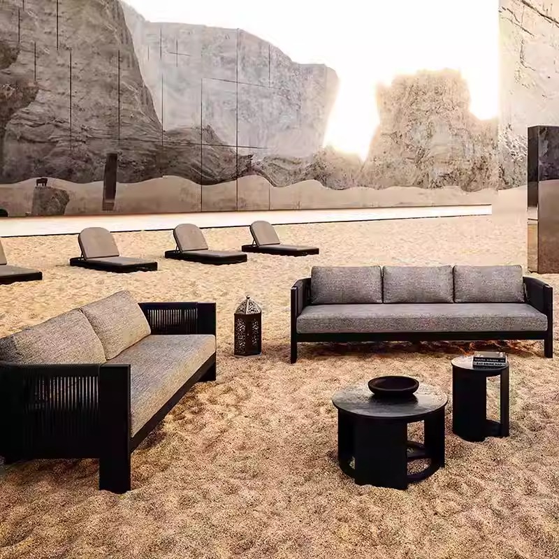 质凡户外柚木沙发露台藤编家具 双人位*2+长茶几+伞高清大图