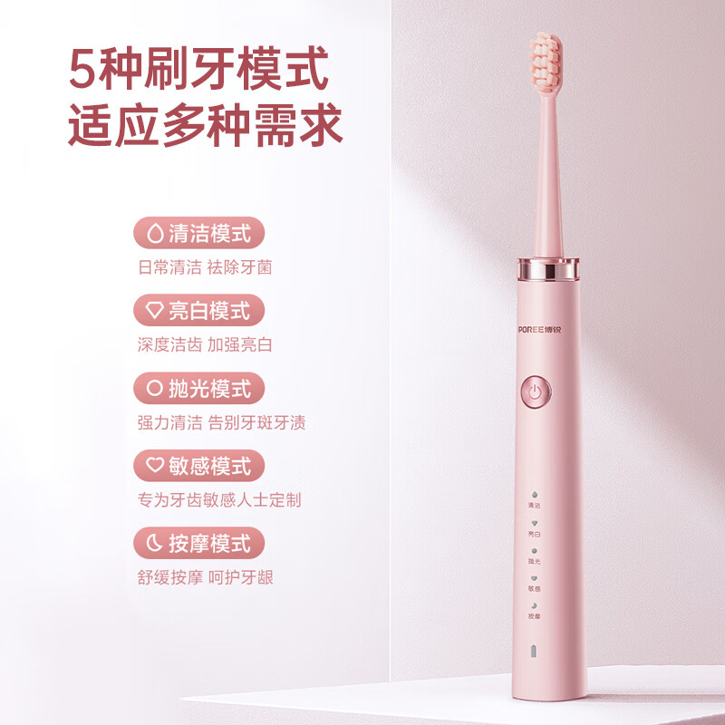 博锐(POREE) 电动牙刷智能声波振动5种清洁模式[樱花粉]声波震动 高效洁净 PT1701 / 台高清大图