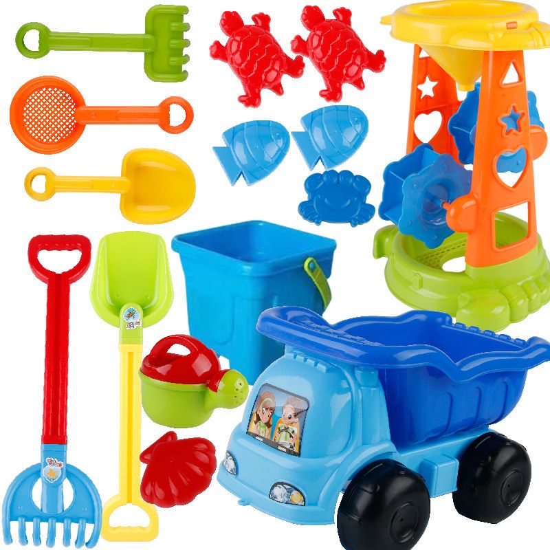 4轮车大铲沙漏14件套蓝色儿童沙滩玩具套装宝宝戏水玩沙子决明子沙漏