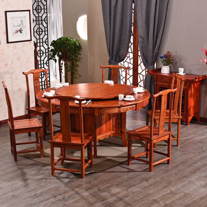 中式实木圆餐桌组合10人15人餐厅酒店榆木花电动转盘大圆桌20人
