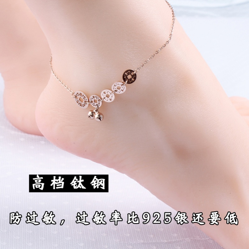 韩版钛钢镀18K玫瑰金彩金女脚链双层红绳铃铛简约时尚防过敏饰品送女朋友老婆生日礼物送女朋友七夕情人节礼物