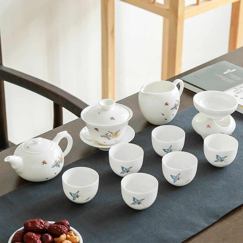 常生源 陶瓷功夫茶具套装 家用泡茶器 羊脂白玉瓷 茶壶盖碗公杯茶漏茶杯整套 蝶韵茶具套组高清大图