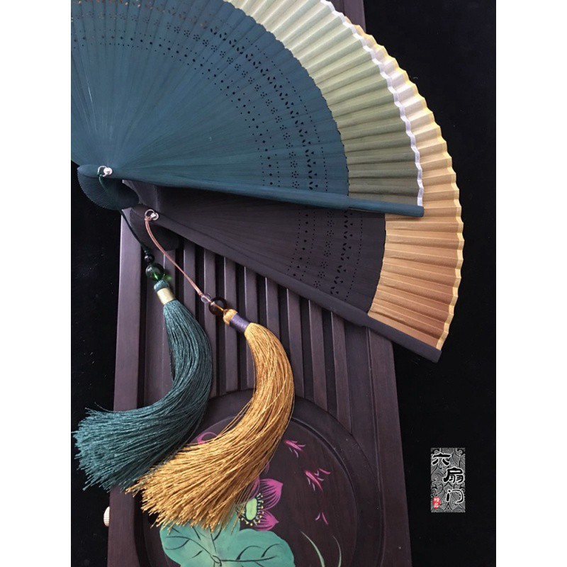 江户日式日本和风折扇子和服扇女扇小花刻渐变空白扇金色绿 三维工匠 绿色渐变+大珠流苏高清大图