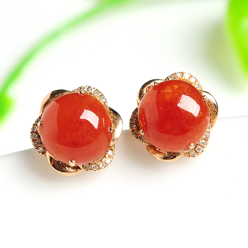 翡翠耳钉红翡镶嵌耳坠花朵玉石耳环女款蛋面圆形耳饰品 带证书送女