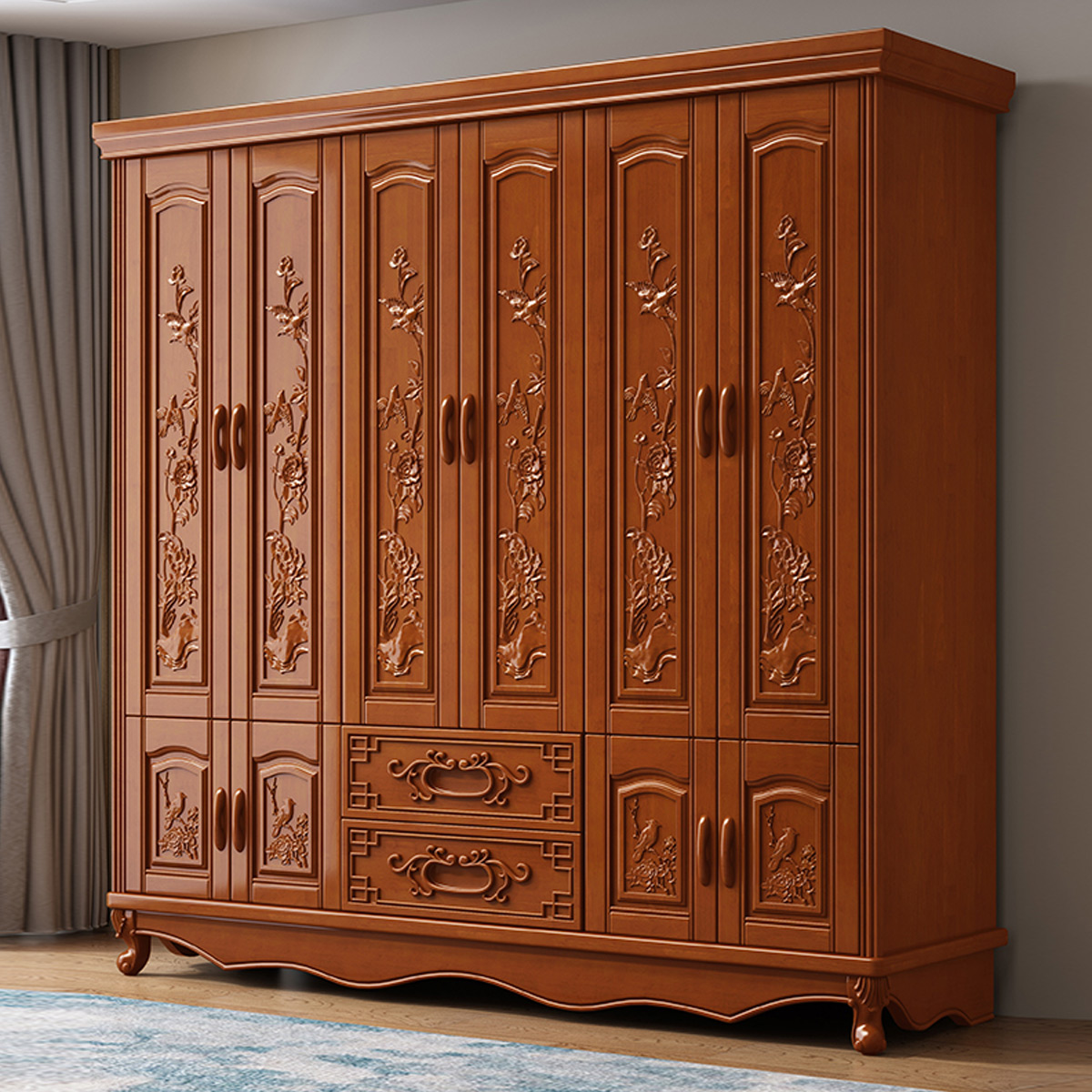 月影梳桐实木雕花衣柜六门现代衣橱简约中式五门卧室小户型家用大衣柜