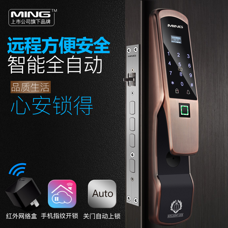 洲明翰源S9WIFI版智能锁全自动指纹锁家用防盗门磁卡电子锁密码锁远程APP 三锁舌 铜 通用型