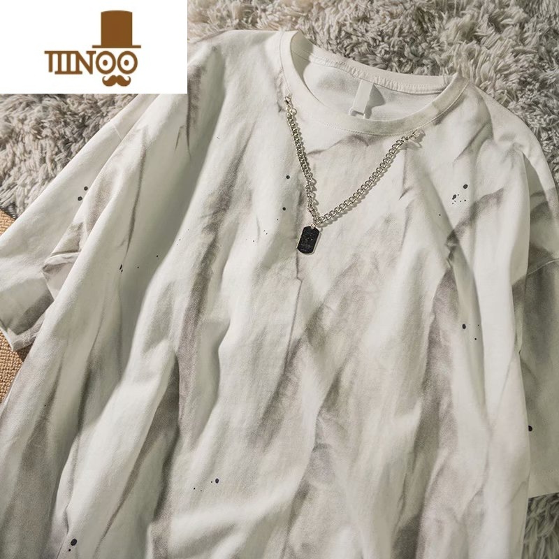 YANXU感带项链短袖t恤男潮牌欧美hiphop扎染炸街半袖上衣情侣
