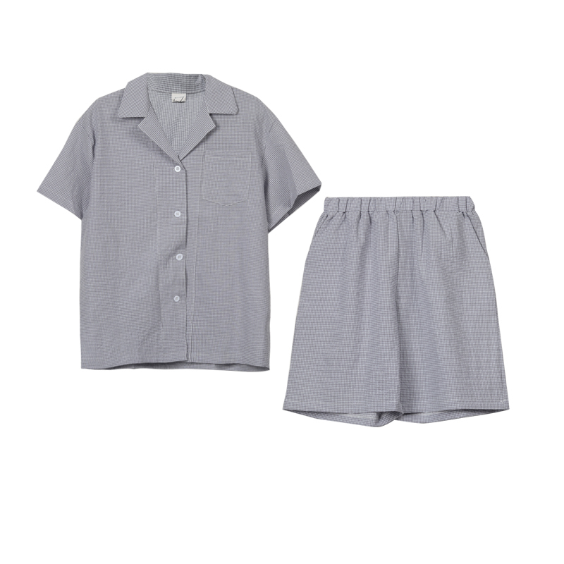 灰格女款 均码 韩版格子家居服套装短袖衬衫上衣短裤裤子女装夏季情侣睡衣两件套