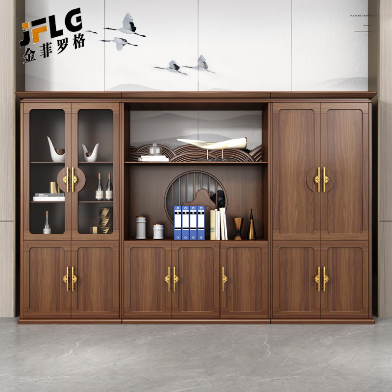 金菲罗格书柜新中式文件柜实木落地柜七门书柜