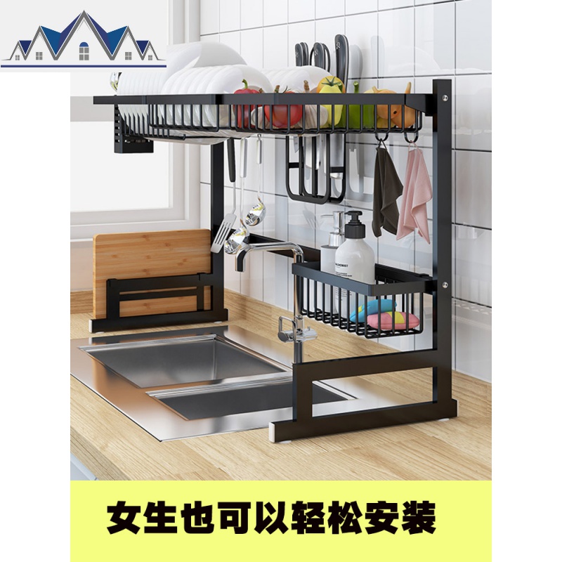 洗碗沥水架多功能黑色水上方厨房置物架收纳放碗架不锈钢水池 三维工匠高清大图