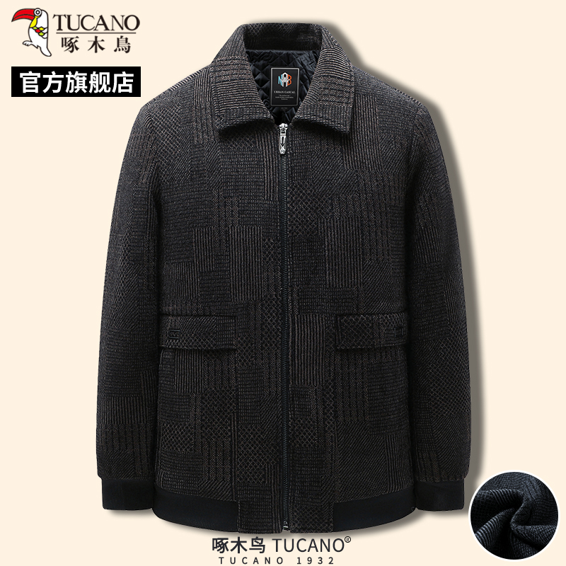 啄木鸟冬季新款男士中年呢子大衣爸爸装保暖夹克外套加棉上衣服衣高清大图