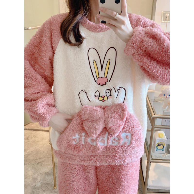 可莉允睡衣女秋冬可爱小熊珊瑚绒大码胖MM200斤加厚加绒冬季家居服套装睡衣
