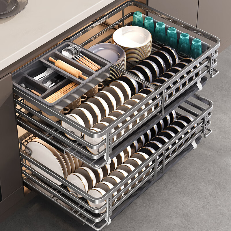 尔沫 厨房拉篮橱柜抽屉式双层304不锈钢碗篮枪灰色碗碟置物架柜内放碗