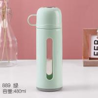 优思居便携式双层玻璃杯泡茶杯子大容量简约清新隔热带提手水杯 889绿(480ml)