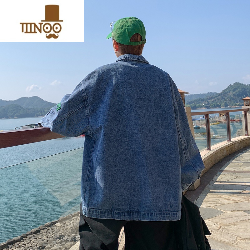 YANXU新款男生牛仔外套日系潮牌ins潮流痞帅宽松百搭翻领刺绣夹克高清大图