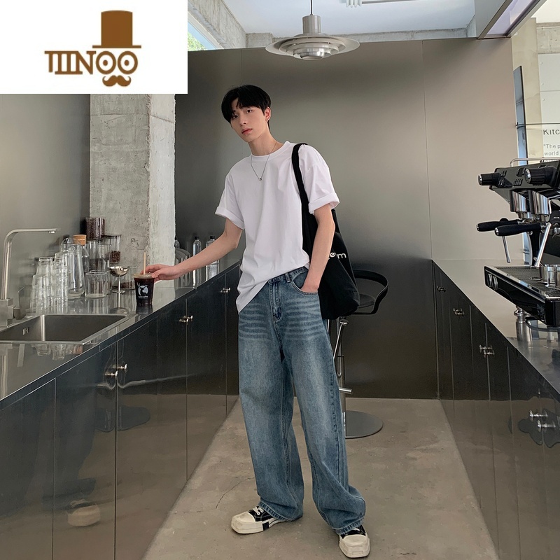 YANXUONELYC1 春季新款直筒宽松基础浅色牛仔裤休闲百搭阔腿长裤男高清大图