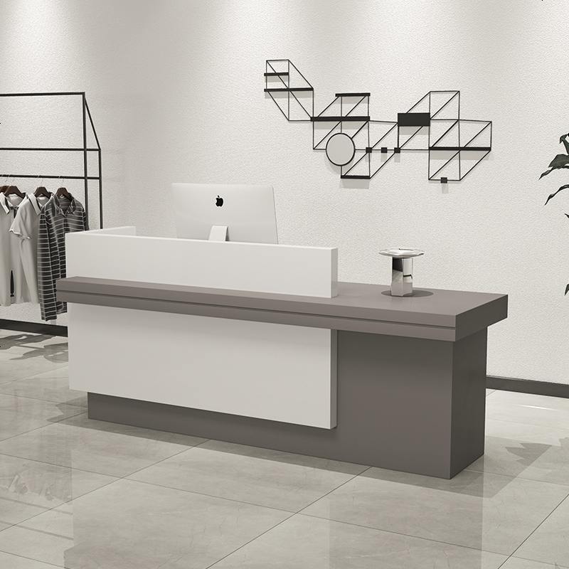 收银台柜台简约现代公司前台接待台服装店小型店铺美容院吧台桌子 爵士白+水泥灰_220x60x100cm