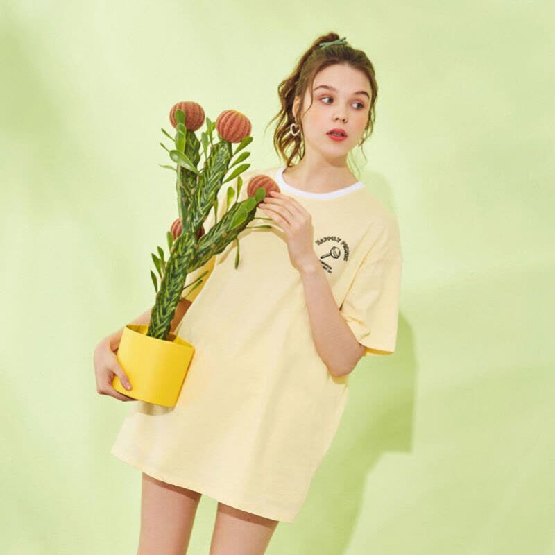 拉夏贝尔大版T恤女短袖夏中长款宽松上衣印花女式T恤图片