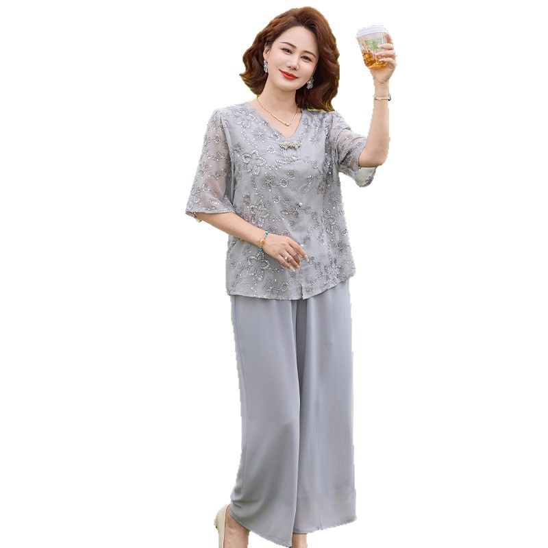纤孜雅 妈妈装夏装套装新款中老年女装夏季新中式短袖雪纺小衫两件套高清大图