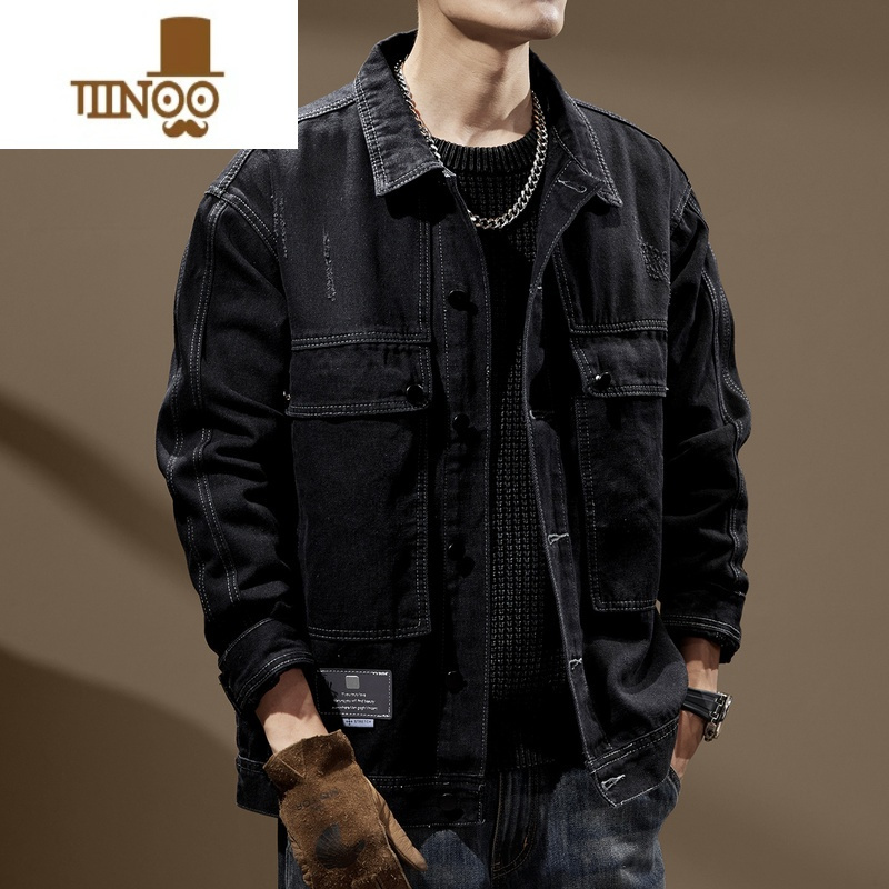yanxu美式猎装牛仔夹克外套男秋季新款潮牌宽松上衣痞帅工装夹克男