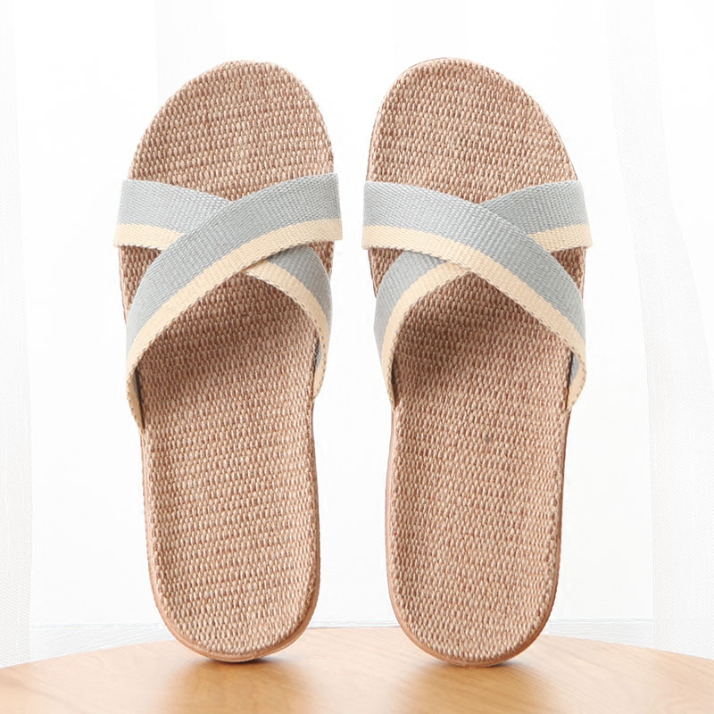 日式家用亚麻拖鞋女夏季木地板棉麻拖鞋夏天居家无声拖鞋男交叉双色